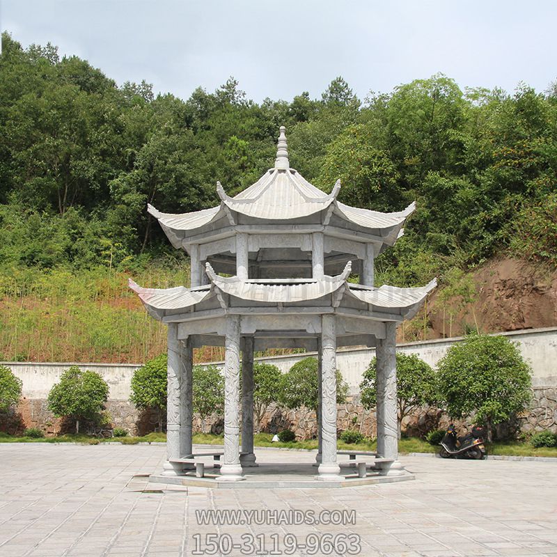 仿古建筑复式斗拱鼎寺院摆放青石雕刻凉亭雕塑