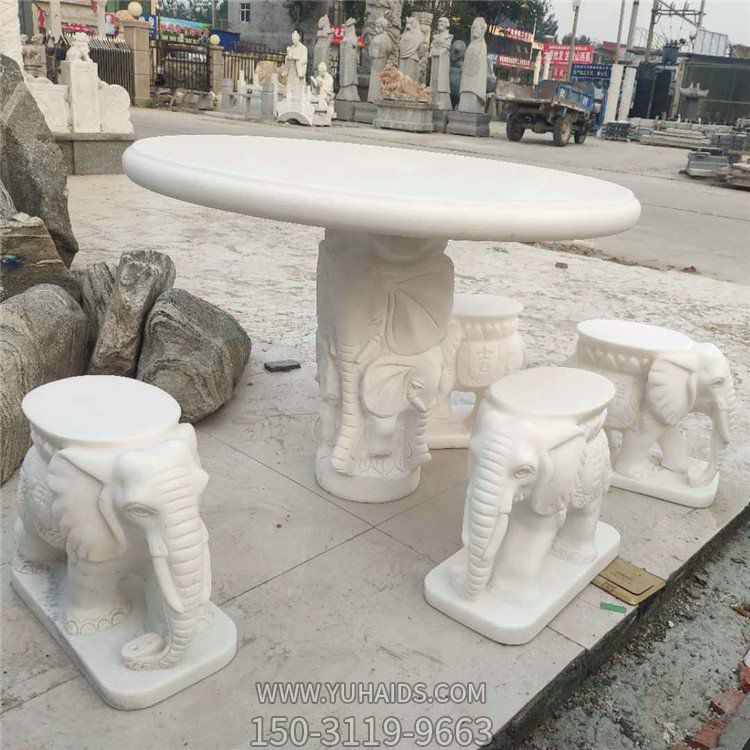 庭院家用汉白玉浮雕圆形小象石桌石凳雕塑
