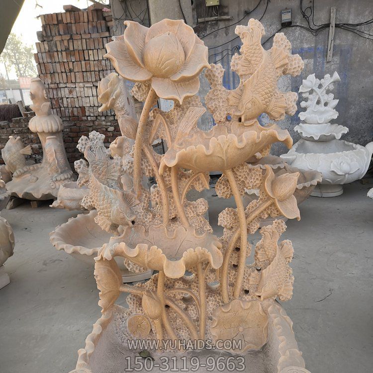 庭院黄锈石浮雕荷花喷泉流水石雕雕塑