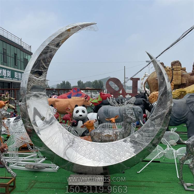 不锈钢创意镂空喷泉流水摆件月亮雕塑