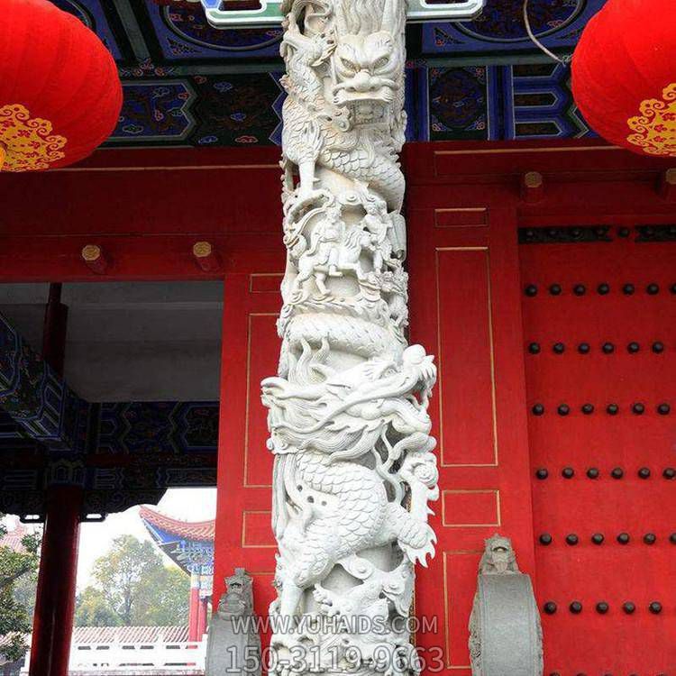 景区寺院门口摆放汉白玉浮雕龙盘石柱子雕塑
