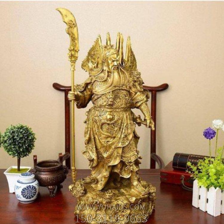 黄铜铸造关公横刀武财神雕像办公室装饰品雕塑