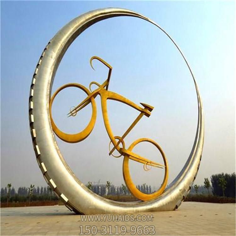 户外公园不锈钢创意圆环中的自行车景观摆件雕塑