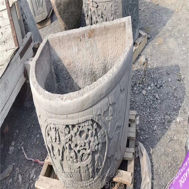 石雕养鱼池大鱼缸 庭院老石器老半圆砂石缸摆件雕塑