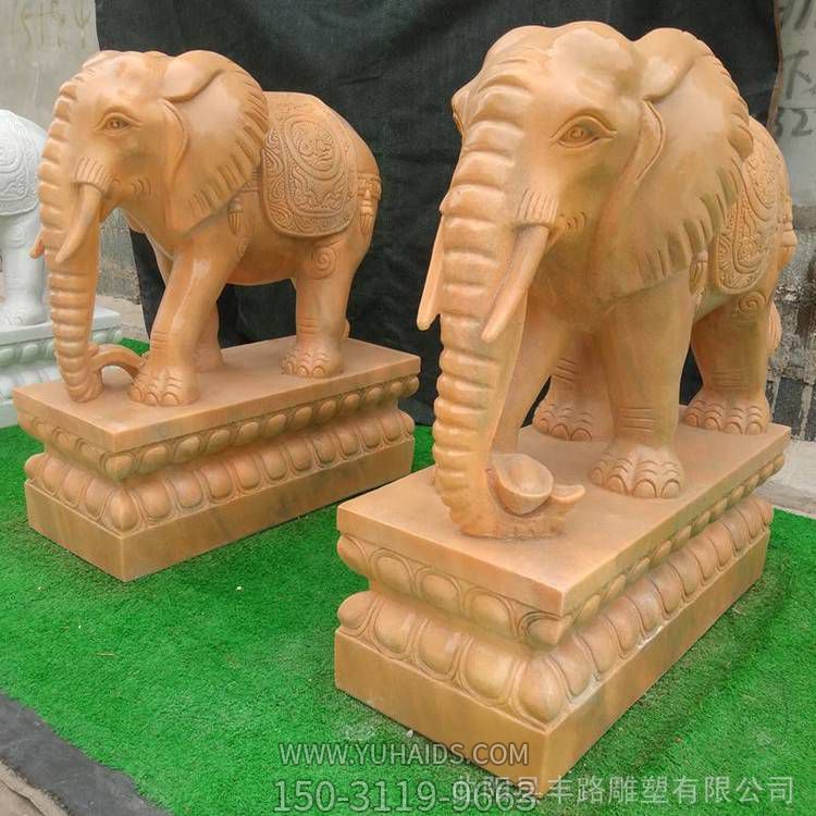 晚霞红汉白玉雕刻高100公分小象酒店摆件雕塑