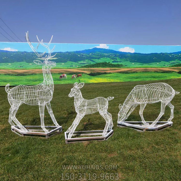 户外草地不锈钢镂空网格梅花鹿动物雕塑