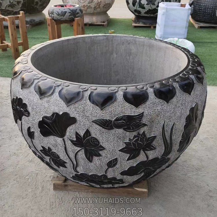 青石做旧浮雕荷花鱼缸庭院中式景观摆件雕塑