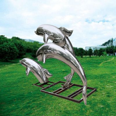 镜面不锈钢广场户外水景海豚雕塑