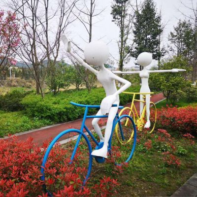 抽象人物雕塑玻璃钢骑行摆件现代自行车造型 户外园林装饰