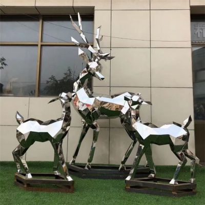 不锈钢几何鹿雕塑 镜面动物摆件抽象广场园林动物景观雕塑