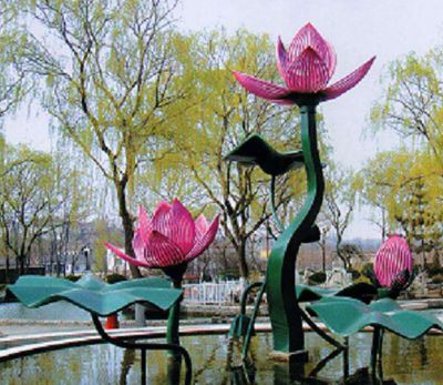 公园池塘不锈钢彩绘荷花雕塑