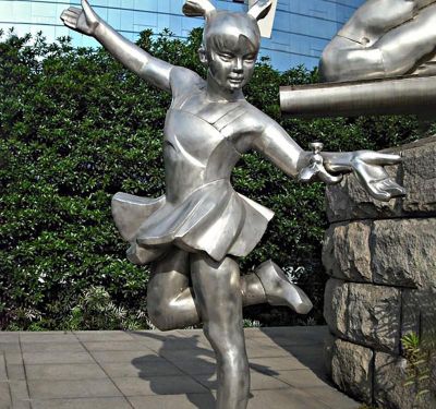 学校抛光不锈钢跳舞儿童人物雕塑