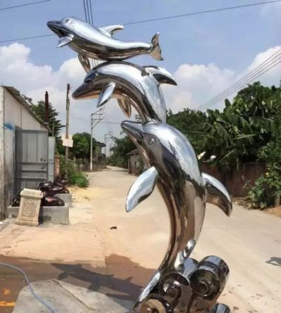 镜面不锈钢水景摆件海豚雕塑