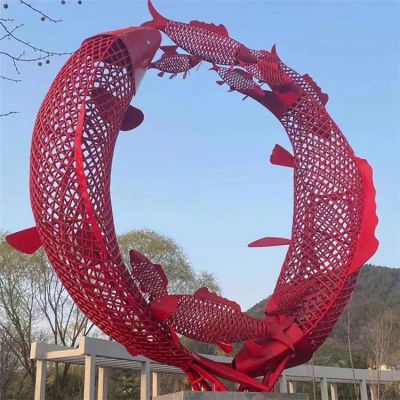 景区公园不锈钢镂空创意圆形鲤鱼雕塑