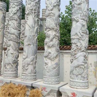 盘龙石雕户外园林景观十二生肖石柱雕塑