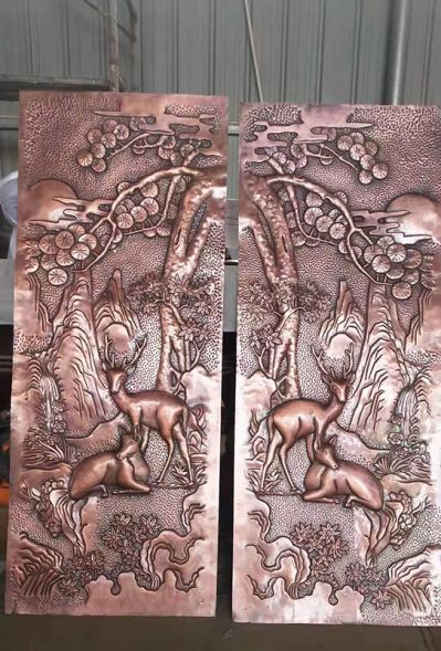 福寿安康紫铜浮雕装饰壁画，鹿和松树