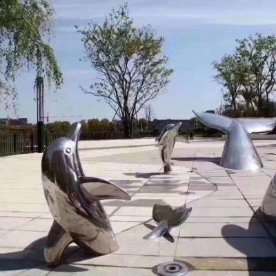 公园喷泉摆放创意不锈钢海豚景观雕塑