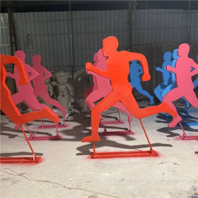 城市街道边摆放不锈钢剪影跑步人物雕塑