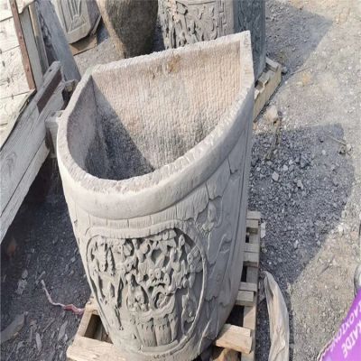 石雕养鱼池大鱼缸 庭院老石器老半圆砂石缸摆件