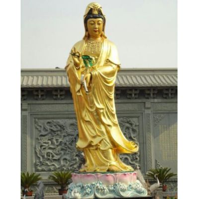 树脂玻璃钢鎏金立式滴水观音佛像寺院供奉摆件