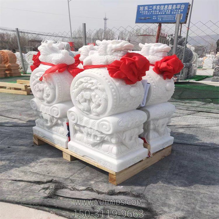 庭院大门口摆放天然汉白玉浮雕狮子门墩摆件雕塑
