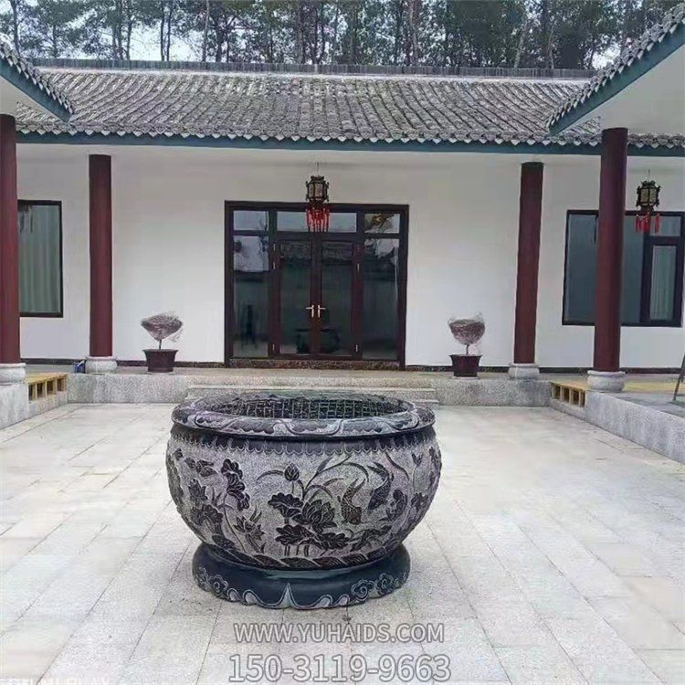 四合院摆放青石浮雕仿古养鱼水缸雕塑