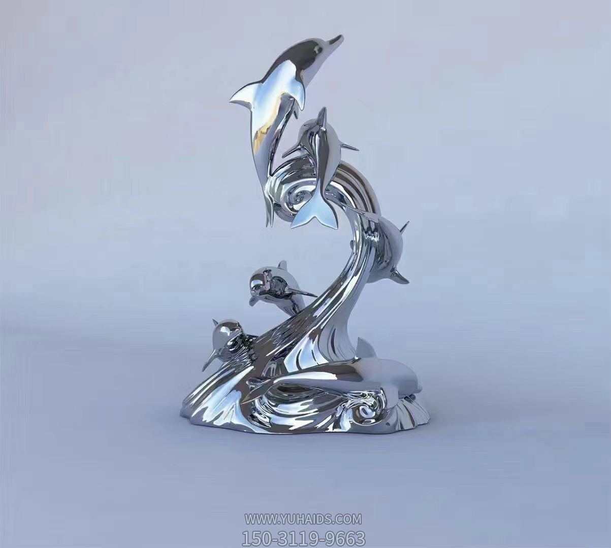 镜面不锈钢创意水景海豚雕塑摆件