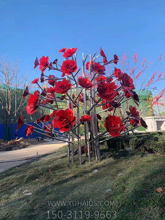 户外广场大型不锈钢彩绘玫瑰花景观摆件雕塑