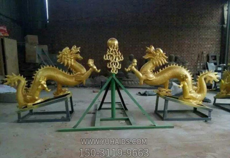 景区创意不锈钢鎏金二龙戏珠雕塑