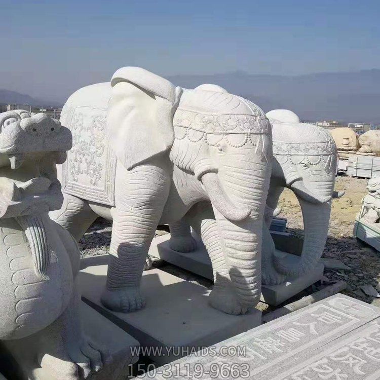 景区摆放大理石仿古吉祥如意大象抱鼔石 雕塑