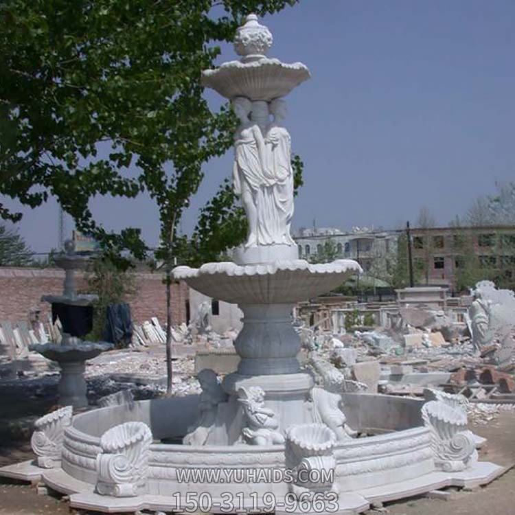 汉白玉石雕喷泉，欧式人物装饰喷泉流水钵雕塑