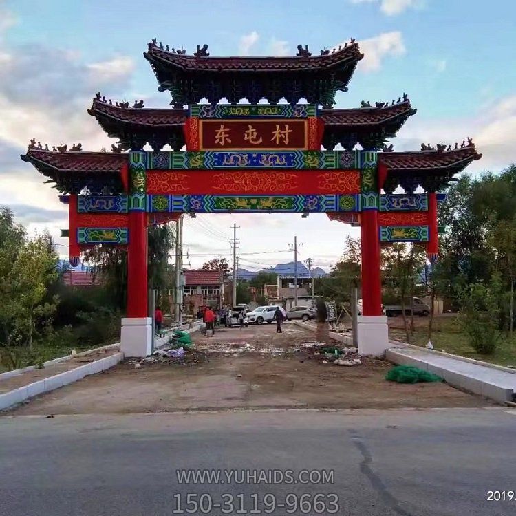 村口水泥仿古建筑 新中式喷漆门牌坊牌楼雕塑