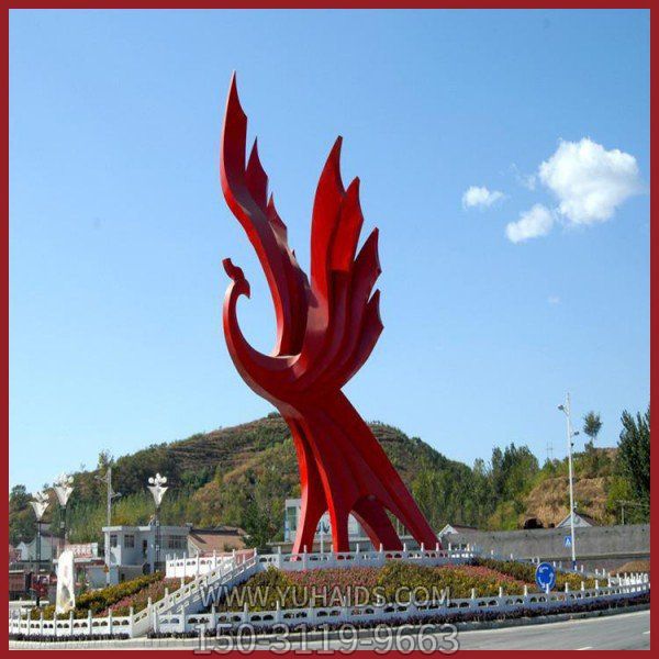 户外景区广场大型不锈钢红色抽象凤凰雕塑