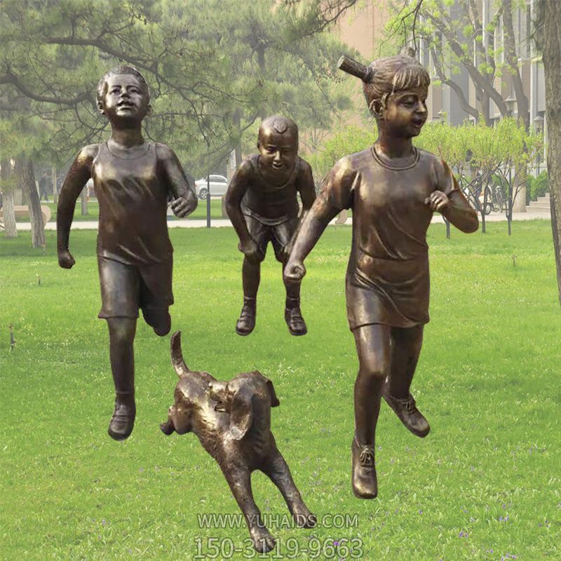 体育仿铜玻璃钢小孩跑步童趣雕塑人物摆件