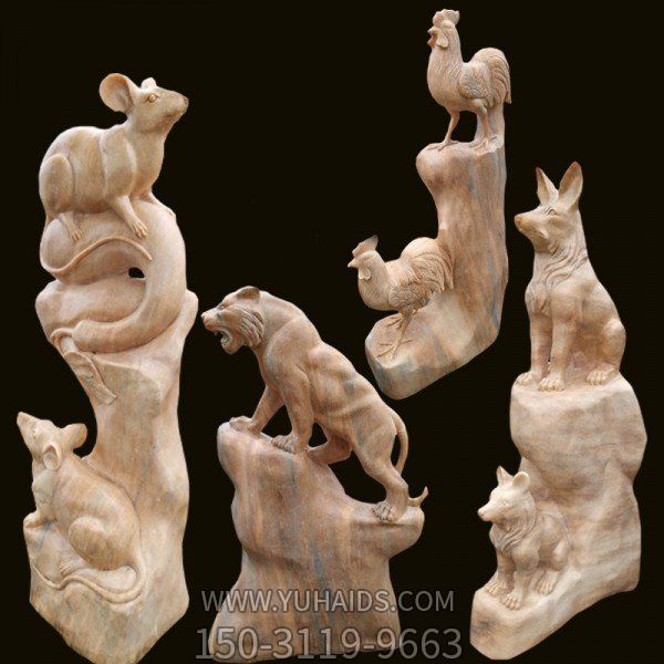 晚霞红石雕十二生肖 石头动物摆件 仿真动物模型雕塑