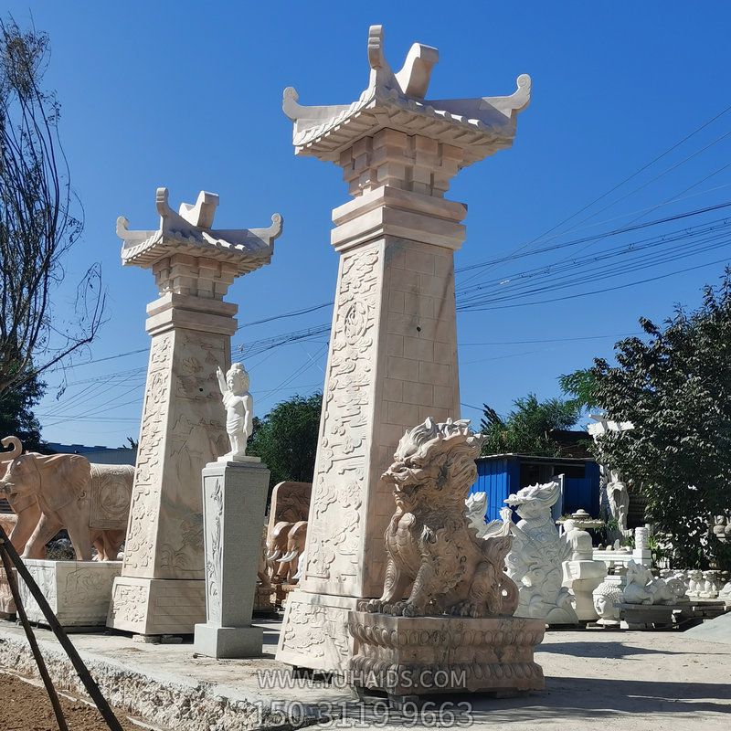 墓园门口摆放仿古建筑石雕汉阙雕塑