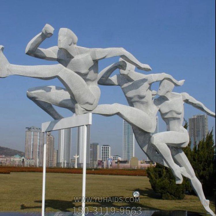 学校操场摆放不锈钢抽象跨栏运动人物标识雕塑
