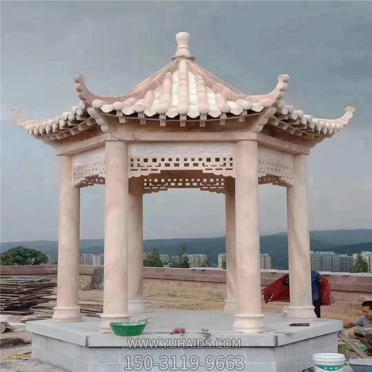 大理石晚霞红雕刻古建筑六角凉亭园林摆件雕塑