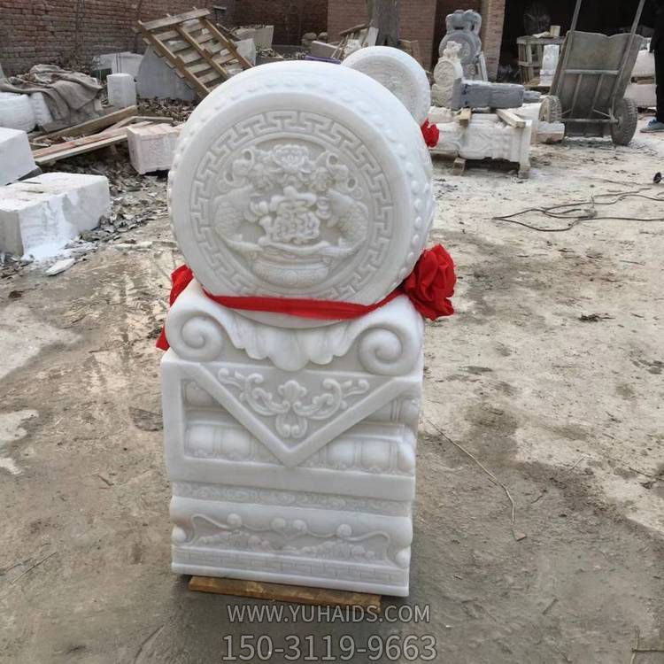 天然石材汉白玉浮雕花开富贵招财抱鼓石雕塑