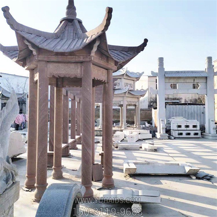 晚霞红大理石六角小型凉亭 园林庭院装饰摆件雕塑