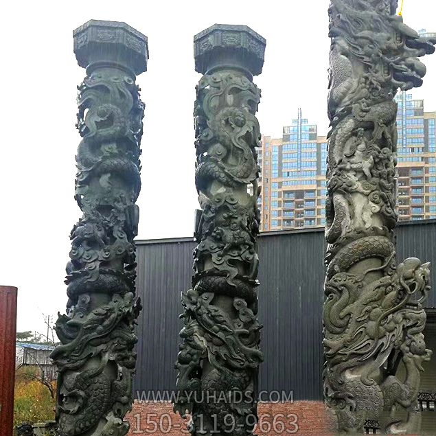 酒店门前摆放仿青石中国盘龙柱雕塑