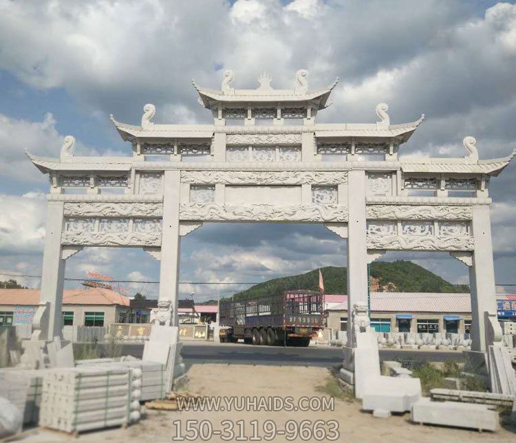 村庄道路街边三门五楼大理石牌坊石雕雕塑