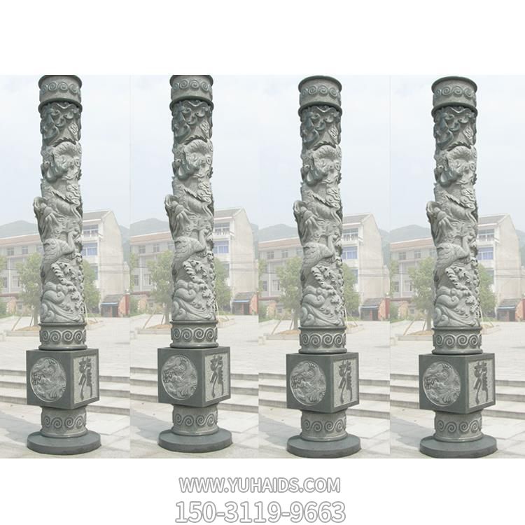 广场摆放大型青石浮雕龙纹石柱雕塑