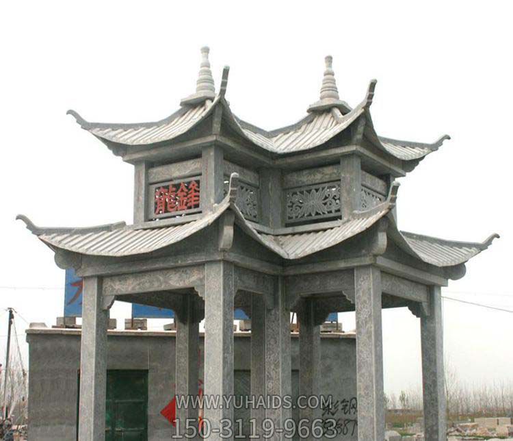 景区园林摆放仿古建青石镂空雕刻双亭雕塑