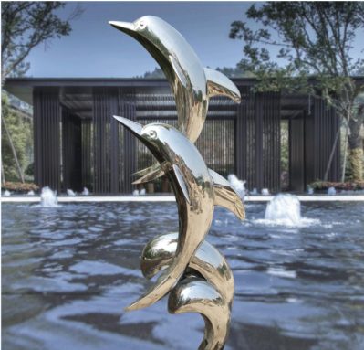 不锈钢镜面海豚，园林水景戏水装饰动物景观雕塑