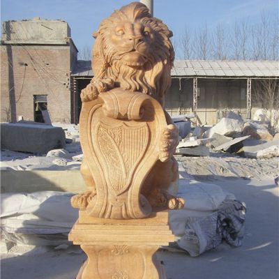 晚霞红大理石石雕企业工厂狮子雕塑