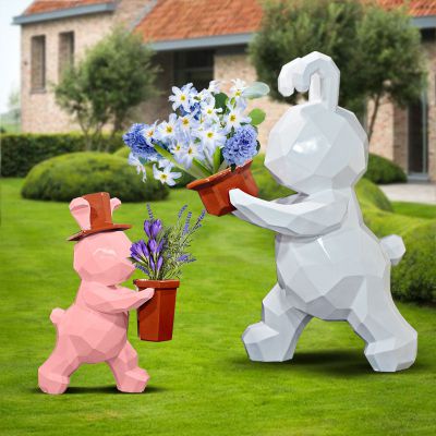 商业街两只拿花篮的玻璃钢兔子雕塑