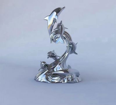 镜面不锈钢创意水景海豚雕塑摆件