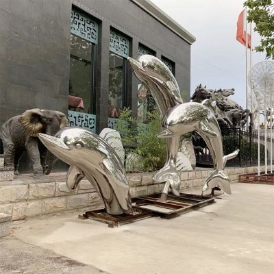 不锈钢镜面海豚群雕塑海洋馆酒店户外喷泉水景观摆件