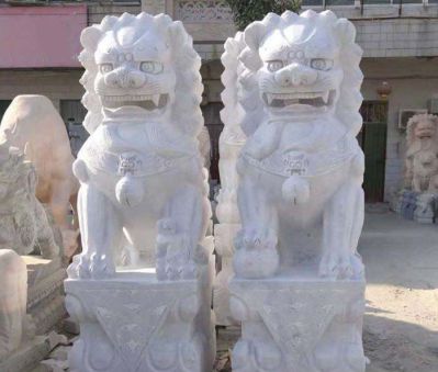 祠堂汉白玉石雕一对看大门口的镇宅狮子雕塑